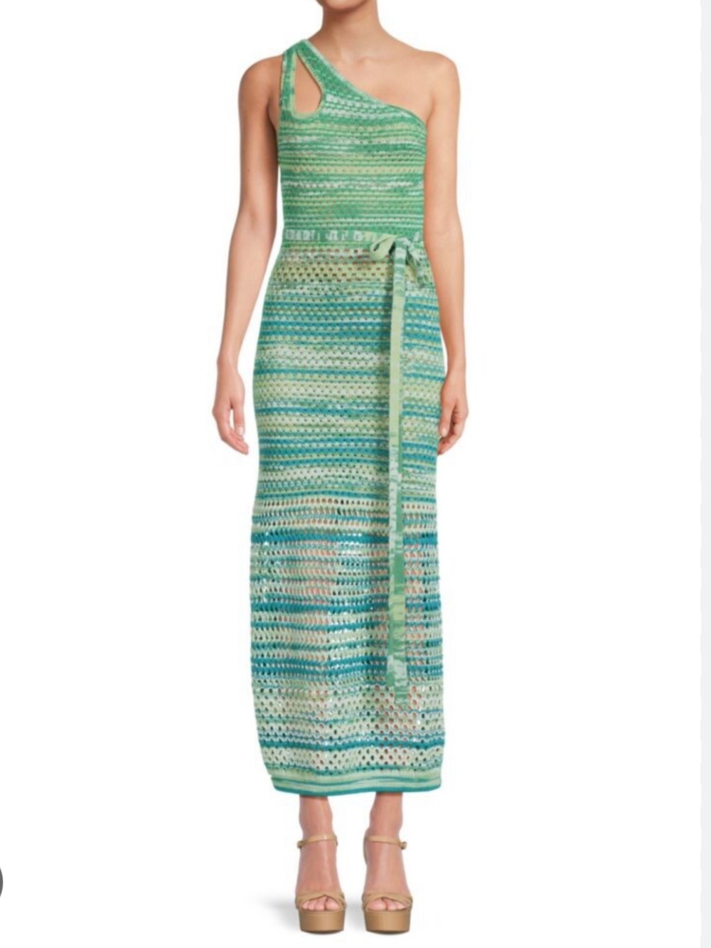 Jonathan Simkhai Sz L Dress Justina Seafoam One-Shoulder Green Crochet Midi Boho